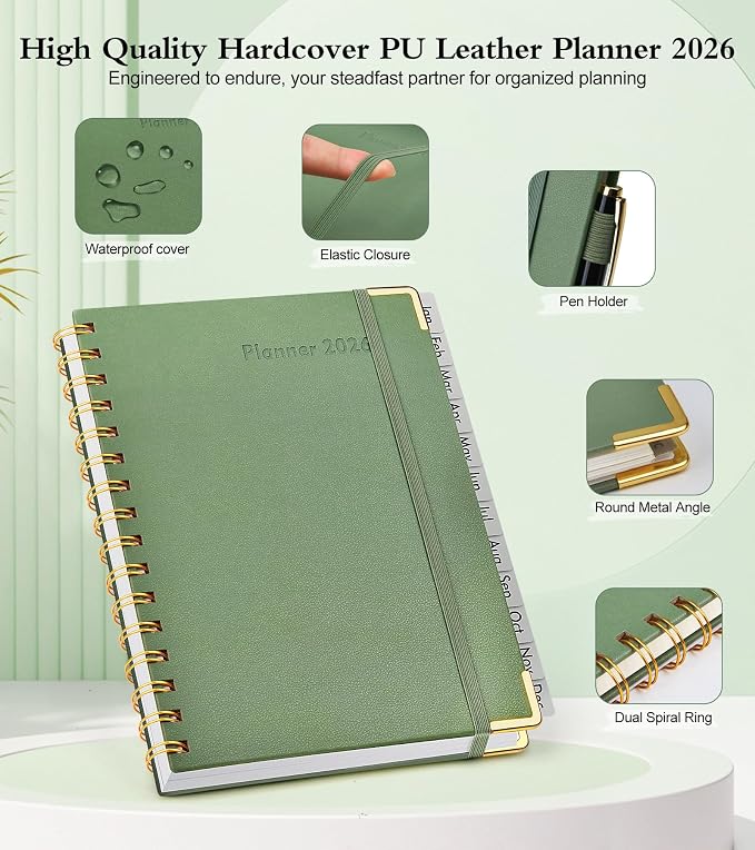 2026 Planner, Hardcover Leather Weekly and Monthly Planner, January 2026 - December 2026, Spiral Yearly Agenda Organizer Book 2026 with Tabs, Daily Calendar Planners for School Work Home, A4 (8.5" x 11"), Green
