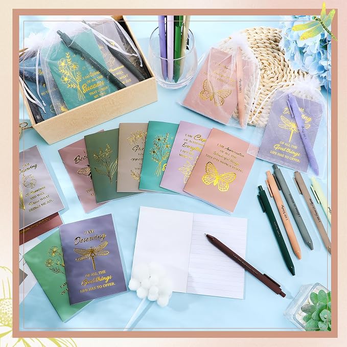 Mooliwe 48 Pcs Positive Affirmation Gift Set Gratitude Notebooks with Pens Small Bags Motivational Encouragement Notepads Daily Affirmations Journal for Women Stress Relief Self Care (Morandi)