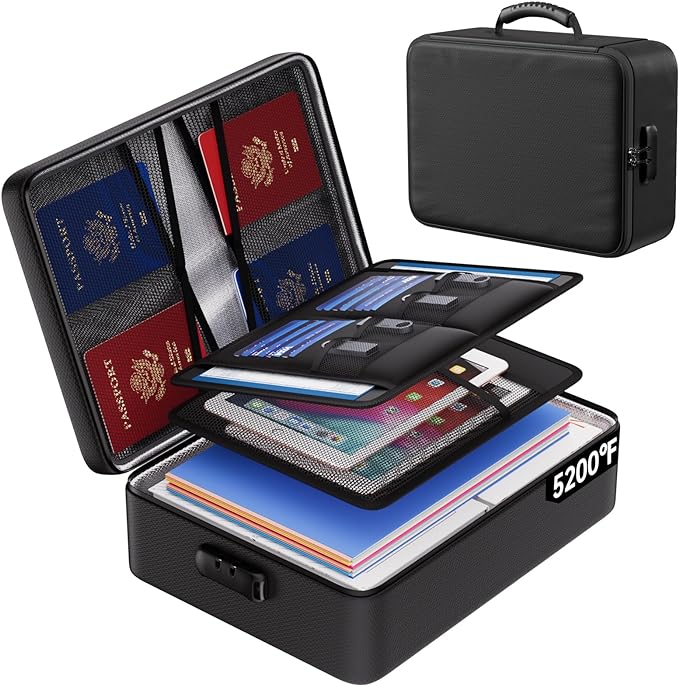 ENGPOW 5200°F Fireproof Document Bag with Lock,8 Layers Heat Insulated | Upgraded File Organizer Fireproof Box,Portable Home Travel Safe Storage for Important Documents,Passport,Laptop, Black(Soft)