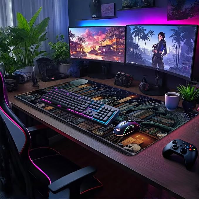 Mystical Gothic Library Large Gaming Mouse Pad 31.5"x15.7"｜ Vintage Book-Themed XXL Desk Mat, Non-Slip Rubber Base & Stitched Edges - Extended Mousepad for PC/Laptop/Office/Home Decor