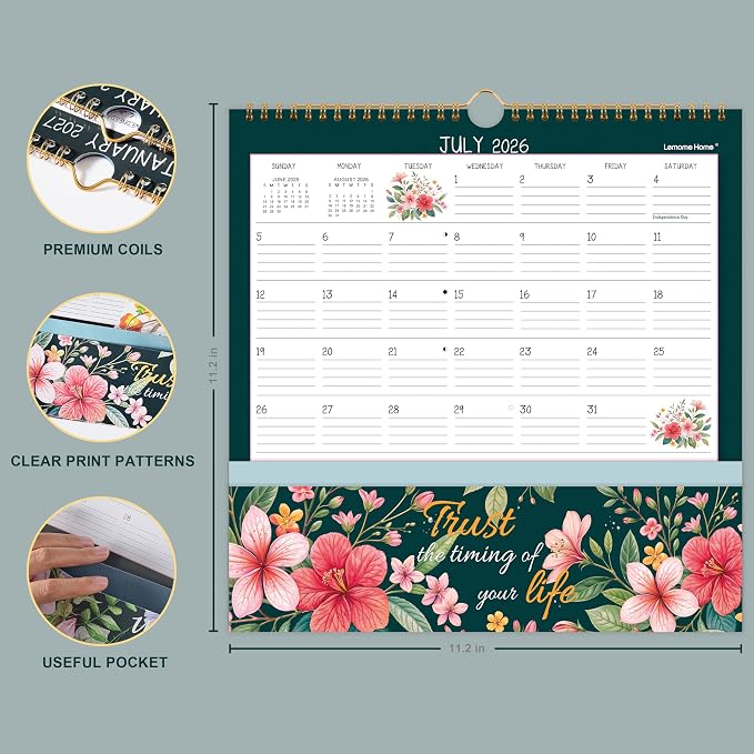 Wall Calendar 2026-2027, Jul. 2026 - Dec. 2027, 11.2" x 11.2", 18 Month | Pocket Calendar, 2026-2027 Calendar with Pockets, Calendars for Office School Home - 12 Different Floral