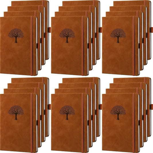 Qeeenar 24 Pack Leather Notebook Journals Bulk 5.7" x 8.3" Harder Cover A5 Journals for Writing Men Women Leather Travel Notebooks Daily Gifts for Office Back to School (Brown)