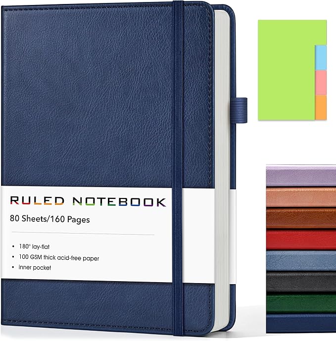 Lined Journal Notebook, A5 Hardcover Leather Journals for Writing, 160 Numbered Pages, 5.7'' x 8.3'' Journaling Notebooks for Men Women, Thick Paper College Ruled Journal for Work Office School, Navy