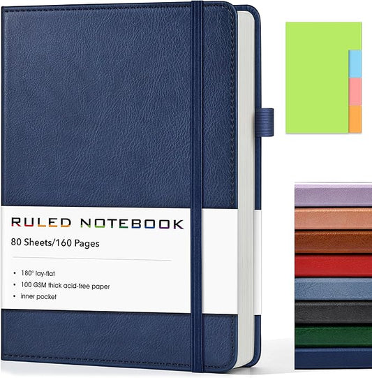 Lined Journal Notebook, A5 Hardcover Leather Journals for Writing, 160 Numbered Pages, 5.7'' x 8.3'' Journaling Notebooks for Men Women, Thick Paper College Ruled Journal for Work Office School, Navy