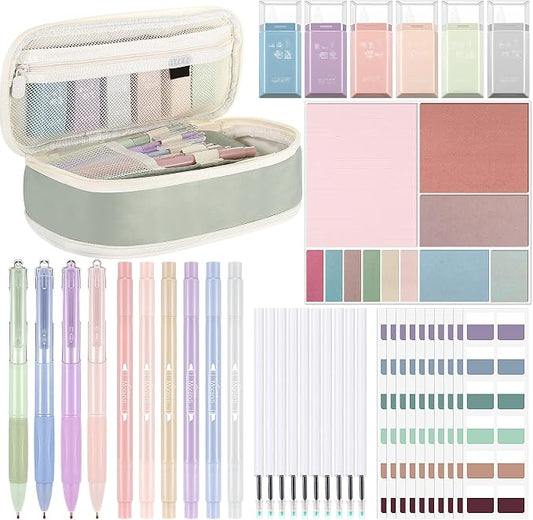 38 Pcs Aesthetic Office Supplies with Pen Case Sticky Notes Gel Pens Highlighters Correction Tapes Stationery Kit for Office Work Coworkers(Morandi Color,Cute)