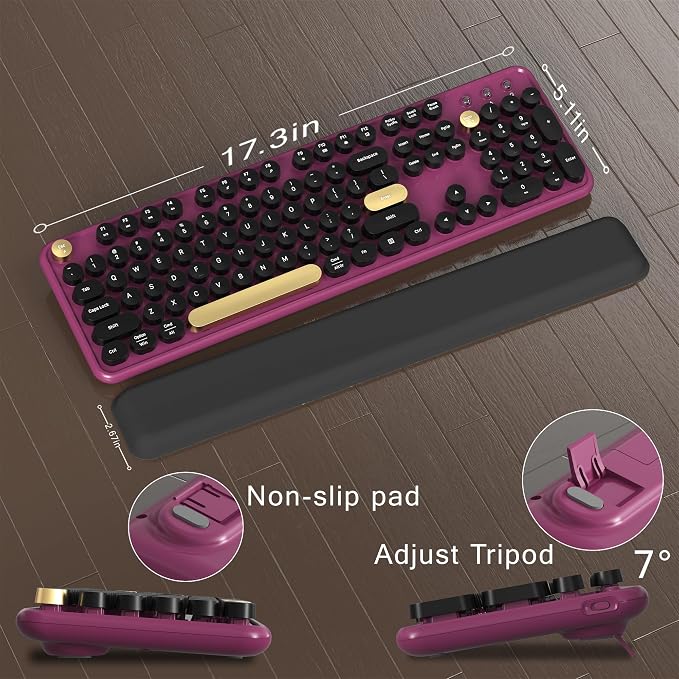 Colorful MPTOG Wireless Computer Keyboard and Mouse Combo (Black-Claret) | Retro Round Typewriter Keycaps, Power Switch, Ergonomic Design, 2.4GHz Wireless for Windows, Mac, PC
