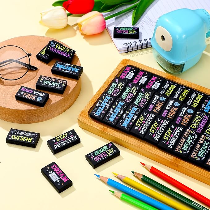 Dunzoom 100 Pcs Back to School Inspirational Pencil Erasers Bulk for Kids Fun Motivational Eraser School Office Supplies for Students Classroom Office Teacher Artists(Colorful Chalkboard)