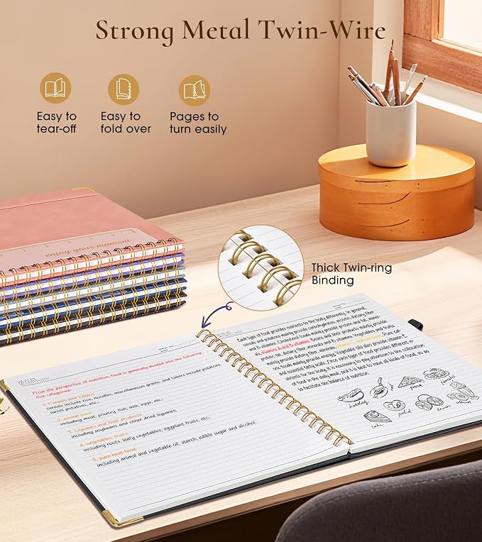 Hardcover Spiral Notebook Journal 8.5” x 11”, A4 Large Leather Notebooks for Women Men, Lined College Ruled Notebook, 100 GSM Paper, Spiral Bound Journals for Work School Note Taking Business, Black