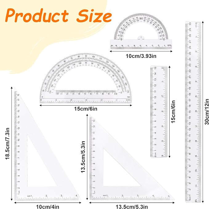 Plastic Clear Ruler Math Set - 6'' 12'' Transparent Straight Ruler, 4'' 6'' Protractor, 30/60 & 45/90 Triangle Ruler, Geometry Math Measuring Tool for School Office Drawing Teachers Kids Supplies