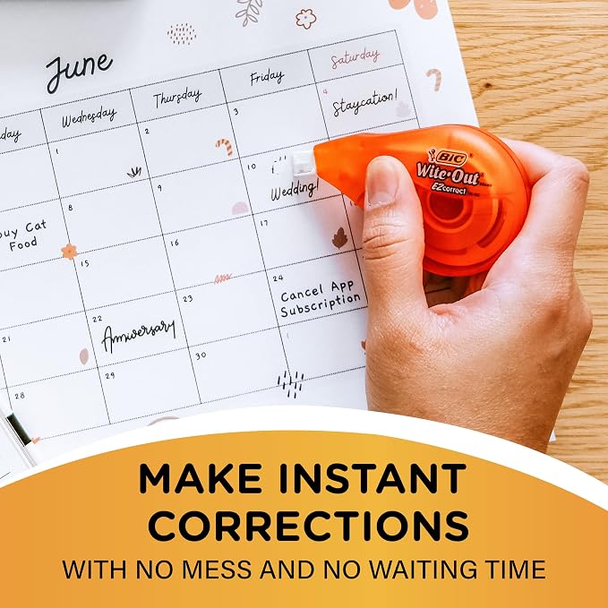 BIC Wite-Out EZ Correct Correction Tape, School Supplies for Students and Teachers, Applies Dry, No Dry Time, Tear Resistant, 4-Count Pack in White
