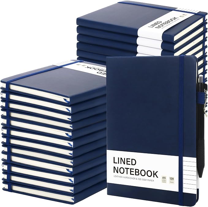 Aodaer 30 Set Lined Notebook Journals with Pens A5 Notebooks 100 GSM College Ruled Hardcover Notebook PU Leather Notepad with Pen Holder for Office School, 5.7 x 8.3 Inches, Navy Blue