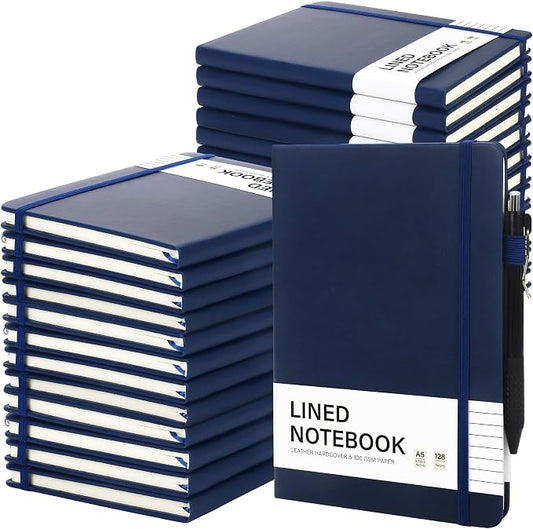 Aodaer 30 Set Lined Notebook Journals with Pens A5 Notebooks 100 GSM College Ruled Hardcover Notebook PU Leather Notepad with Pen Holder for Office School, 5.7 x 8.3 Inches, Navy Blue