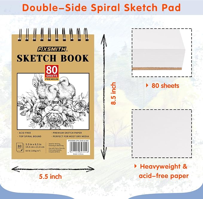 FIXSMITH 5.5"X8.5" Sketch Book | 160 Sheets (68 lb/100gsm) | 2 Pack Sketchbooks | Top Spiral Bound Artist Sketch Pad | Acid Free Drawing Pad | Ideal for Kids,Beginners,Artists &Painters | Bright White