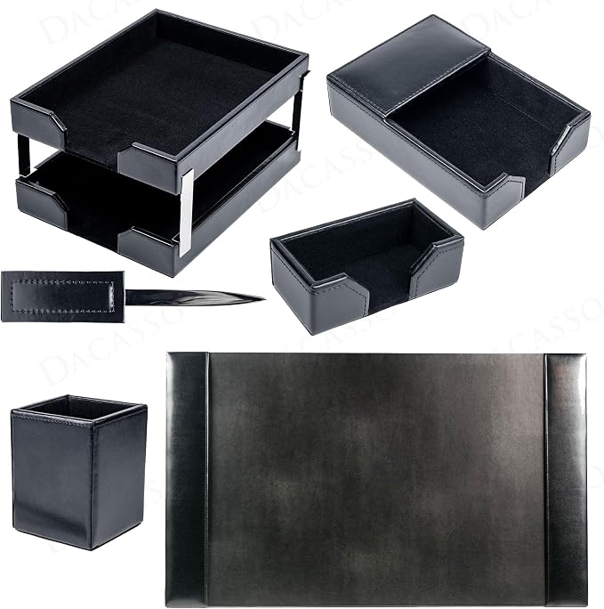 Dacasso Black Bonded Leather 8-Piece Desk Accessory Set - Organization Essentials & Executive Decor - Luxury Leather Blotter for Office Organization