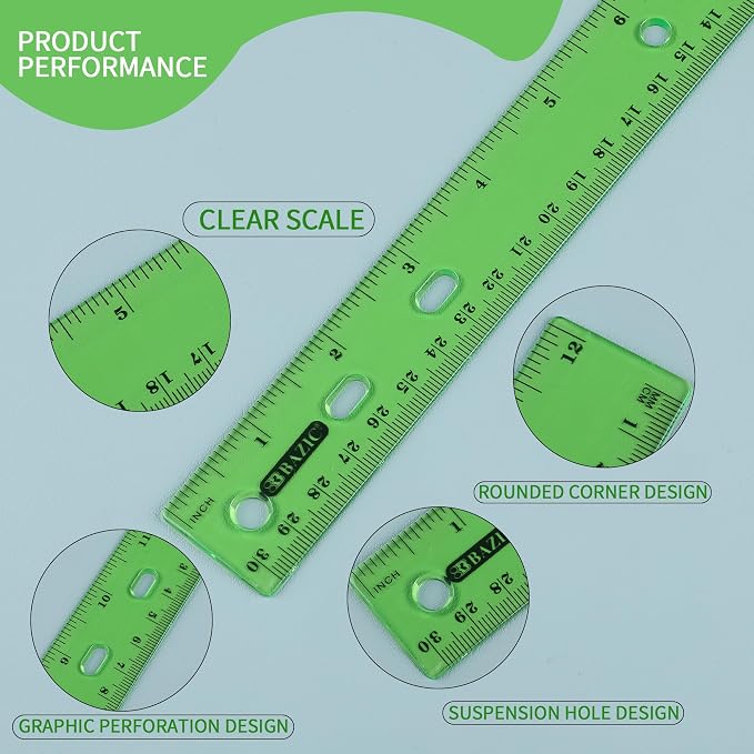 BAZIC Products 12 in Jeweltones Color Ruler, Inch & Metric, 4 Pack, 2-Pack | Four Jeweltones color plastic ruler, 12 in (30 cm), clear inch and centimeter marks for measuring and drawing straight