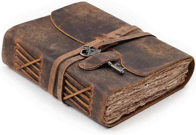 LEATHER VILLAGE Vintage Leather Journal – 200 Handmade Vintage Deckle Edge Paper – Leather bound Journal For Women Men – Vintage Key Closure - Book of Shadows - Cappuccino Brown - 6X4 inches (A6)