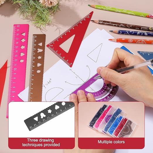PATIKIL 8 Pcs Geometry Drafting Tool, Aluminum Alloy Geometry Kit Math Tool Includes 15cm L Ruler Protractor Triangles for Drafting Angle Measure Simple Science Experiment, Black