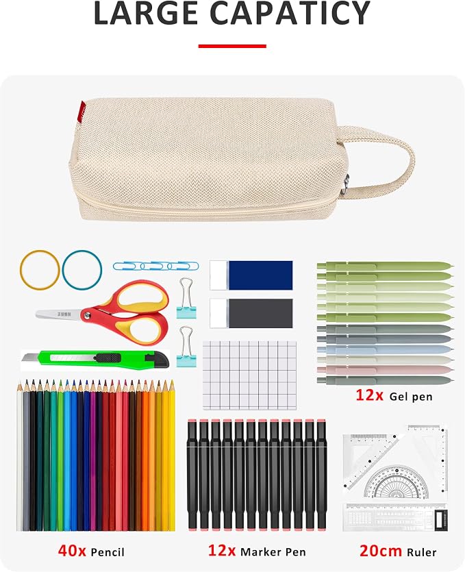 Fmeida Pencil Case Pouch - Water Resistant Pencil Pouch Portable Pencil Bag Simple Office Supplies Stationery Pouch with Handle - Retro Beige