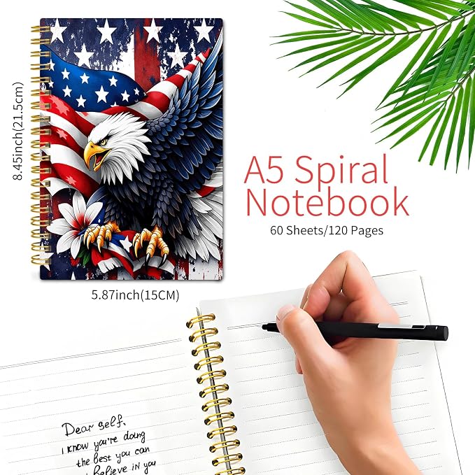 KZYVFNPQ Spiral Journal Notebook for Women Men, A5 Cute Hardcover Lined Notebook with Strong Binding,College Ruled Notebook for Office Work Writing(American Eagle Flag Stars Stripes)