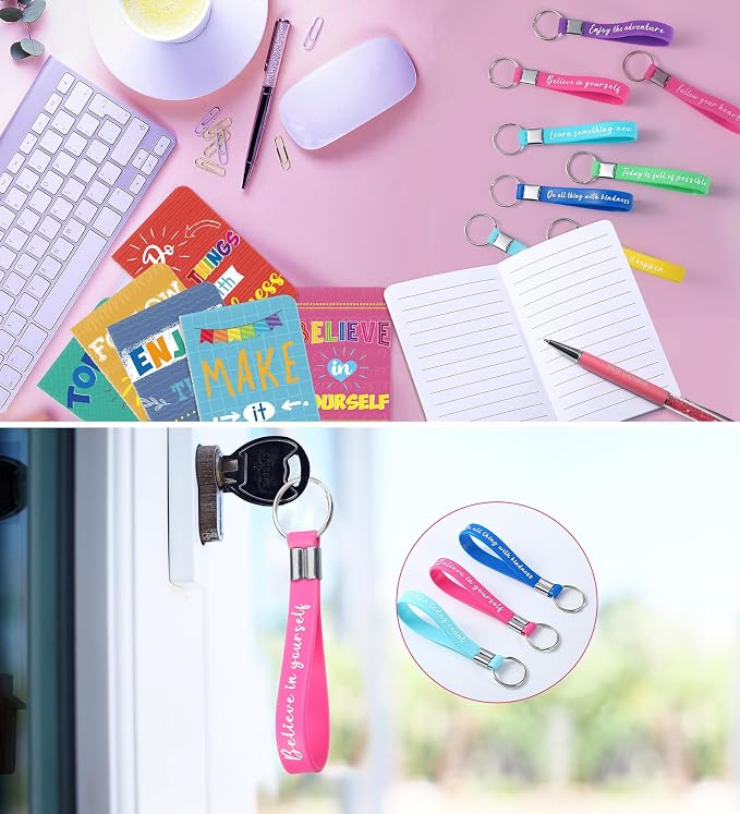 PerKoop 48 Pcs Inspirational Gifts Bulk VBS Notepads 3 x 5 Inch Motivational Ballpoint Pens Keychains Bulk Cute Colorful Journal Notebooks for Office Party Favor Supplies