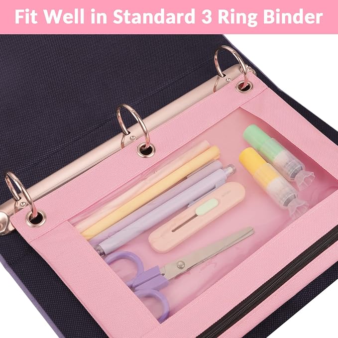 Sooez Pencil Pouch for 3 Ring Binder, 2 Pack Binder Pencil Pouch with Clear Window Pencil Bags with Zipper & Reinforced Grommets, Pencil Case for binder Pink & Green