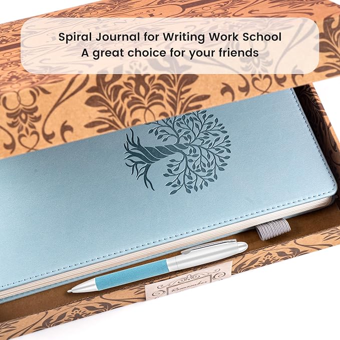 Spiral Notebook Wide Ruled Leather Journal for Women, 300 Pages, 7X10,Blue | Large Notebooks for School Office, Note Taking Notebooks for Writing Lined Notebook with Tabs Pockets Pen Holder