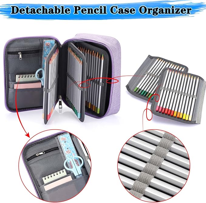 BTSKY® High Capacity Zipper Pens Pencil Case- Multi-Functional Stationery Pouch 72 Slots Colored Portable Pencil Bags With 2 Removable Sleeves(Purple)
