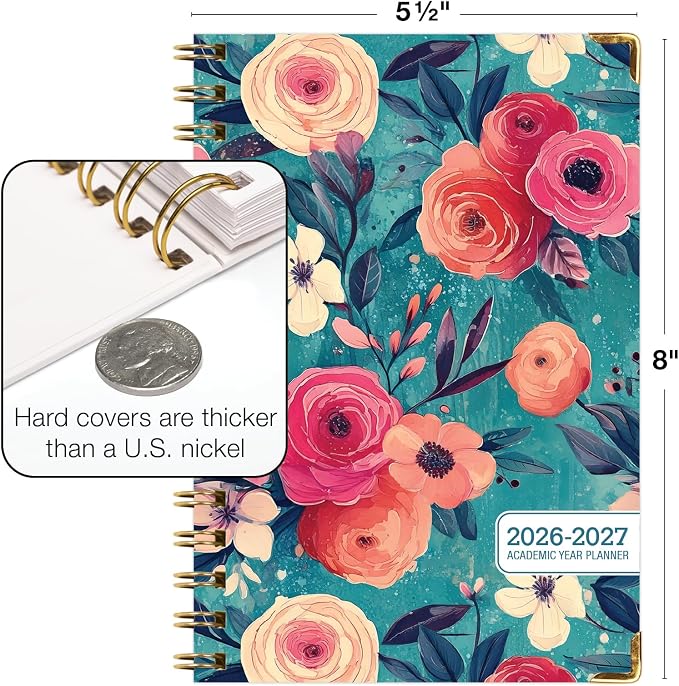 HARDCOVER Academic Year 2026-2027 Planner: 14 Months (May 2026 Through June 2027) 5.5"x 8" Daily Weekly Monthly Planner Yearly Agenda. Bookmark, Pocket Folder and Sticky Note Set (Teal Floral)
