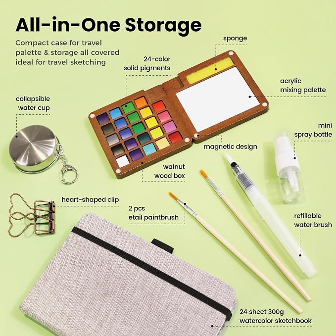 Pagather 24 Colors Mini Watercolor Travel Set, Portable Watercolor Kit with Water Brush, Pocket Size Painting Set for Beginners, Hobbyists & Artists