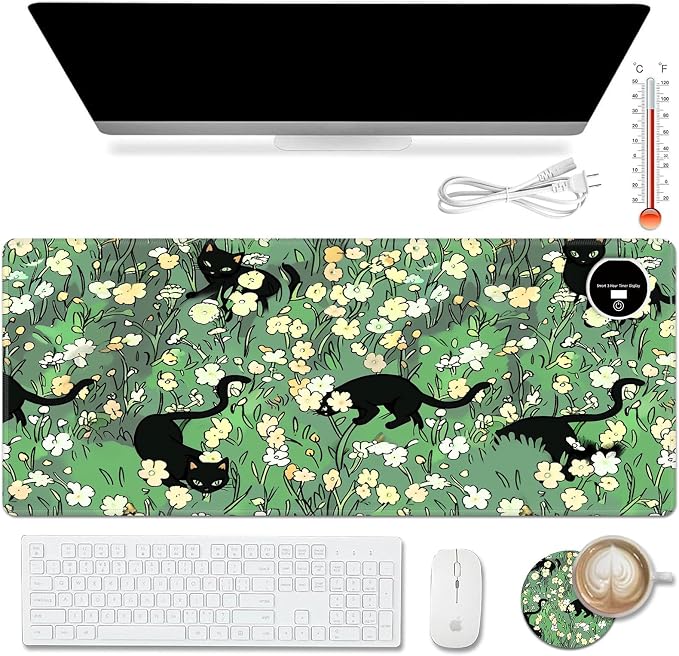 Warm Desk Pad,Heated Desk Pad,Office Mat,3 Heating Levels & 3 Hours Auto Shut-Off,31.5"*13" Gaming Mouse Laptop Keyboard Leather Desk Mat,Cat Floral Green
