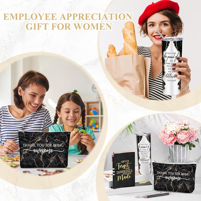 Domensi 6 Pcs Employee Appreciation Gift Set for Women Female Thank You Gift May You Be Proud 20 oz Rustic Marble Sign Tumbler Makeup Bag Journal for Boss Teacher Work Business(Black)