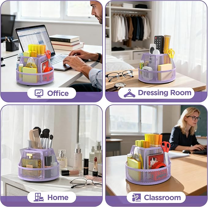 Docnest 360°Rotating Mesh Desk Organizer,6-Compartment Pen Holder,Purple | Heavy-duty metal holder with removable divider. Space-saving stationery storage for pencils, scissors & markers