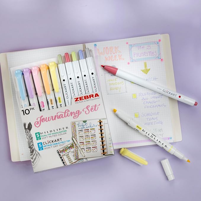 10-Pack Journaling Set - Zebra Pen Mildliner HL (5) & Clickart (5)