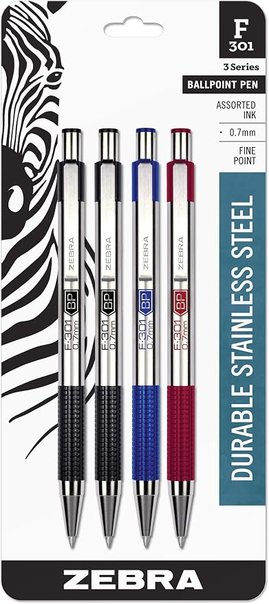 Zebra Pen F-301 STEEL Ballpoint Pen, Black/Blue/Red Ink, 0.7mm, 4-Pack