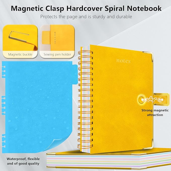 Hardcover Spiral Notebook College Ruled, 8"x10" Leather Journal Notebook with Magnetic Closure, 300 Pages 5 Subject Notebook with Dividers Tabs Journal for Women Men, Work, School(Yellow)