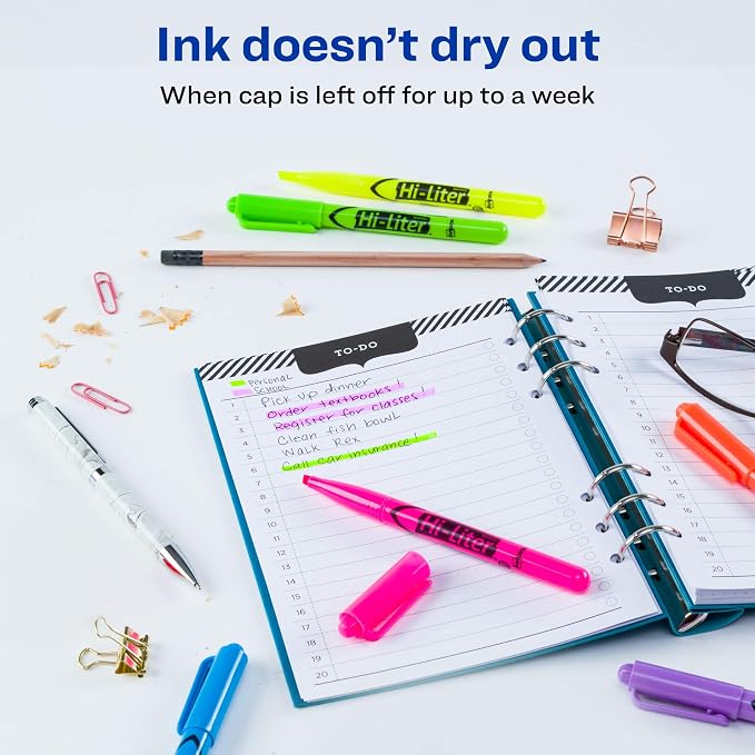 Avery Hi-Liter Pen-Style Highlighters, Smear Safe Ink, Chisel Tip, Assorted Fluorescent Colors (Purple, Blue, Pink, Green, Orange, and Yellow), 6 Highlighters per Pack (6-Pack of 23585)