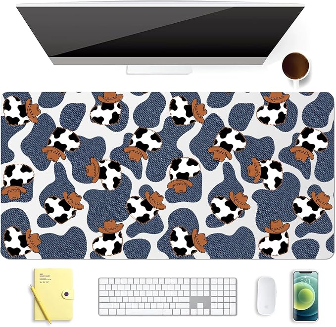 Cow Print Western Leather Desk Mat Extended Gaming Mouse Pad | Non-slip Large Writing Pad Laptop Blotter Computer Keyboard Mat | Cute Desk Protector for Home Office 31.5" x 15.7"