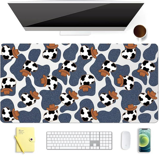 Cow Print Western Leather Desk Mat Extended Gaming Mouse Pad | Non-slip Large Writing Pad Laptop Blotter Computer Keyboard Mat | Cute Desk Protector for Home Office 27.6" x 13.8"