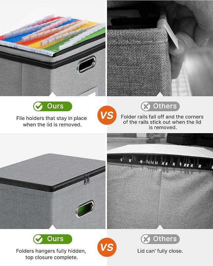Oterri File Box Small 2-Pack Mesh Pockets Hanging Organizer for Letter-Size | Dustproof Lid. 3 Mesh Pockets. Collapsible Scratch-Resistant GRS Linen. Slide Rails. Office, Home, Dorm