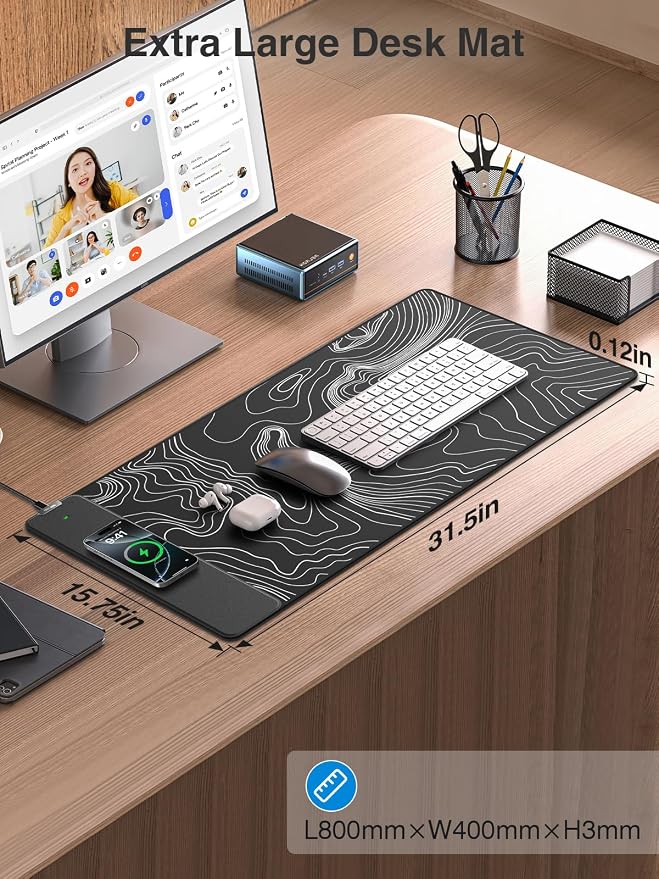 Wireless Charging Mouse Pad, 31.5"x15.8" Large Desk Mat, Smooth Glide | Waterproof Mousepad, Stitched Edge, Non-Slip Rubber Base, Desk Pad Computer Keyboard Mat, No Adapter