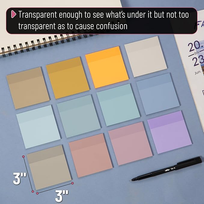Mr. Pen- Transparent Sticky Notes, 3" x 3", 12 Pads, 600 Sheets | See Through Self-Adhesive Notes for Bible Journaling and Studying, Water-Resistant, Easy to Peel, Clean Removal