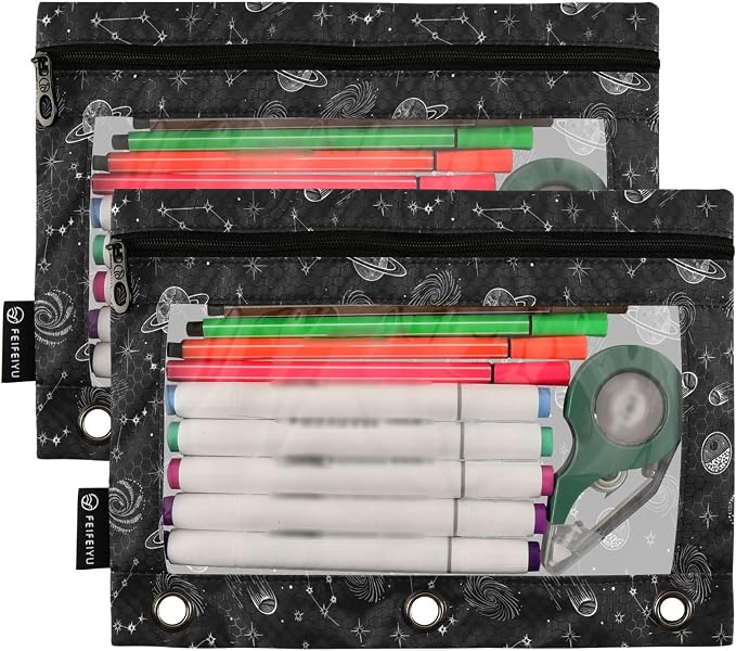 Space Planet Stars Moon Binder Pouches 3 Ring for Boys Girls School Office College Supplies Galaxy Black Universe Rocket Pencil Pouches Case Bag with Clear Window and Zipper 2 Pack
