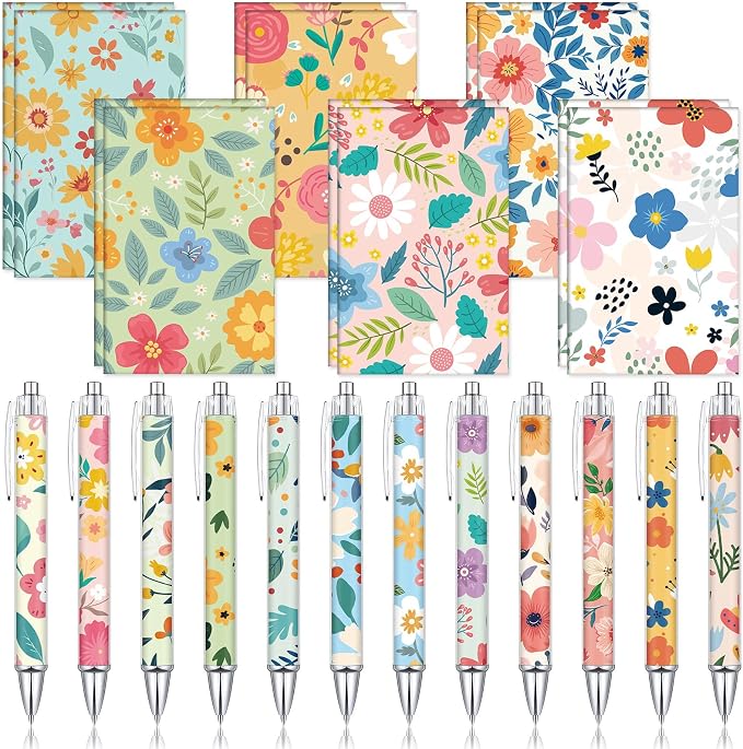 Motiskyy 24 Pcs Floral Pens Flower Ballpoint Pens Flower Notepads Set Design Line Notebook Employee Gifts Set for Student School Office Supplies, Back to School Gift(Cute)