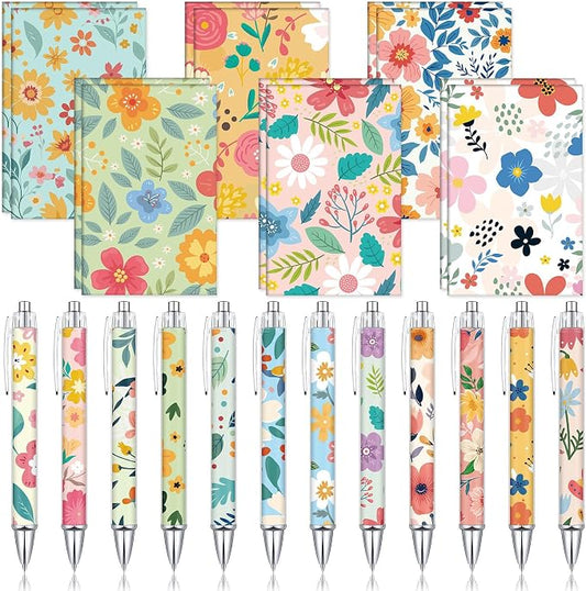 Motiskyy 24 Pcs Floral Pens Flower Ballpoint Pens Flower Notepads Set Design Line Notebook Employee Gifts Set for Student School Office Supplies, Back to School Gift(Cute)