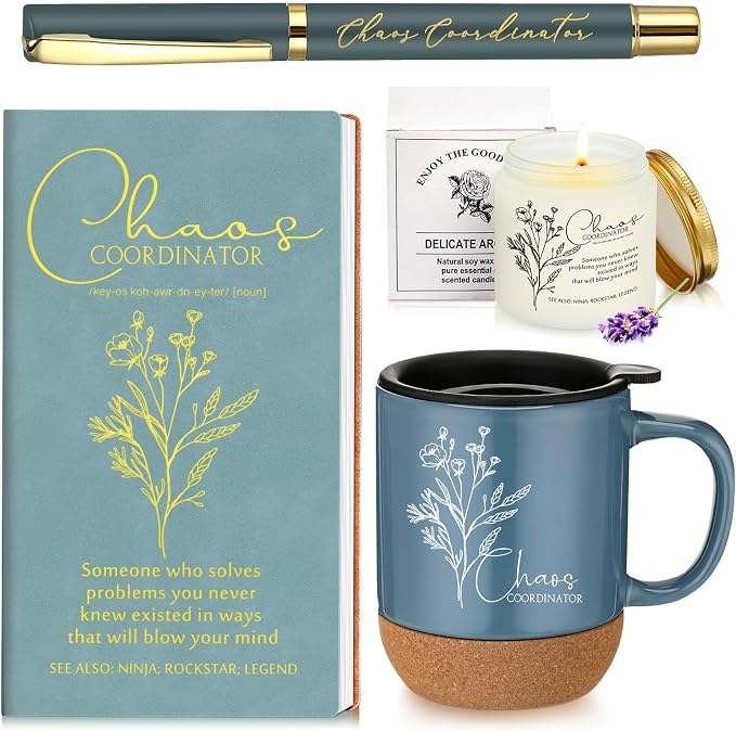 Sayglossy 4 Pcs Blue Chaos Coordinator Gift Set Back to School Gift for Teachers Women Men Notebook Coffee Mug Scented Candle Ballpoint Pen for Teacher Assistant Principal Class School Staff Coworker