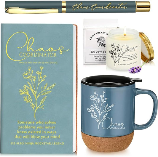 Sayglossy 4 Pcs Blue Chaos Coordinator Gift Set Back to School Gift for Teachers Women Men Notebook Coffee Mug Scented Candle Ballpoint Pen for Teacher Assistant Principal Class School Staff Coworker