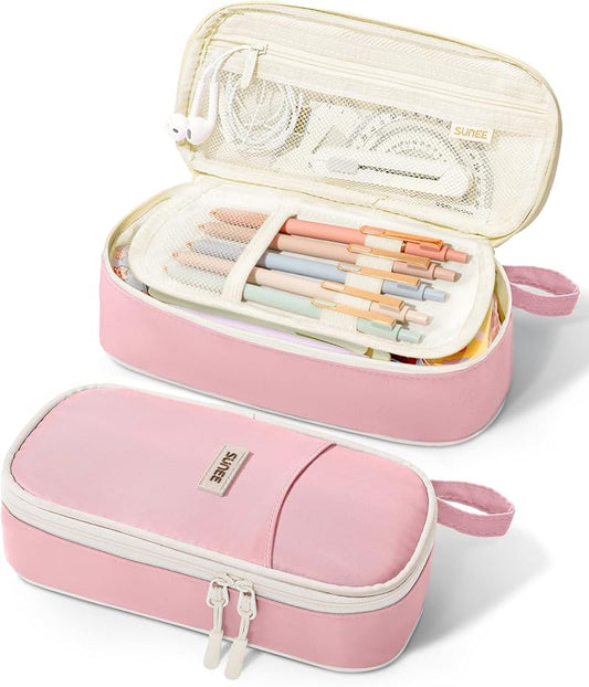 SUNEE Cute Pencil Case, Aesthetic Pen Pouch, Colored Large Pencil Bag with Zipper, Kawaii Stationery Storage and Organizer, School Supplies for Teen and Adult Girls, Pink