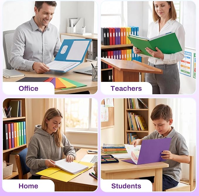 SUNEE Folders with Pockets, 50 Pack File Folders with Business Card Slot, Textured Paper, Fit Letter Size Paper, Paper File Folder for School Office Home Business, Purple