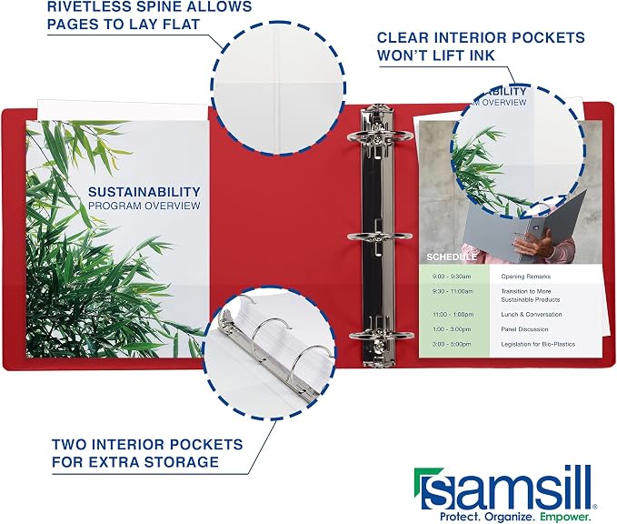 Samsill 0.5 Inch 3 Ring Binder, Economy Round Ring, Clear View Cover, 100 Sheet Capacity - for School, Home, Office - Red, 4 Pack
