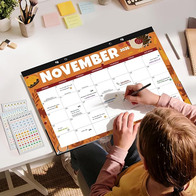 SUNEE Desk Calendar 2027 - 17" x 12" Desk Pad Calendar, 18-Month Monthly Planner Oct. 2026 - Mar. 2028, Desktop Calendar with 308 Planner Stickers, Plastic Protective Corners for Office, School and Home, Seasons Color